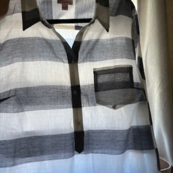 🧡3/15 Merona Gray White Stripe Long Sleeve Cotton Shirt Women's XXL/TTG - Picture 4 of 11